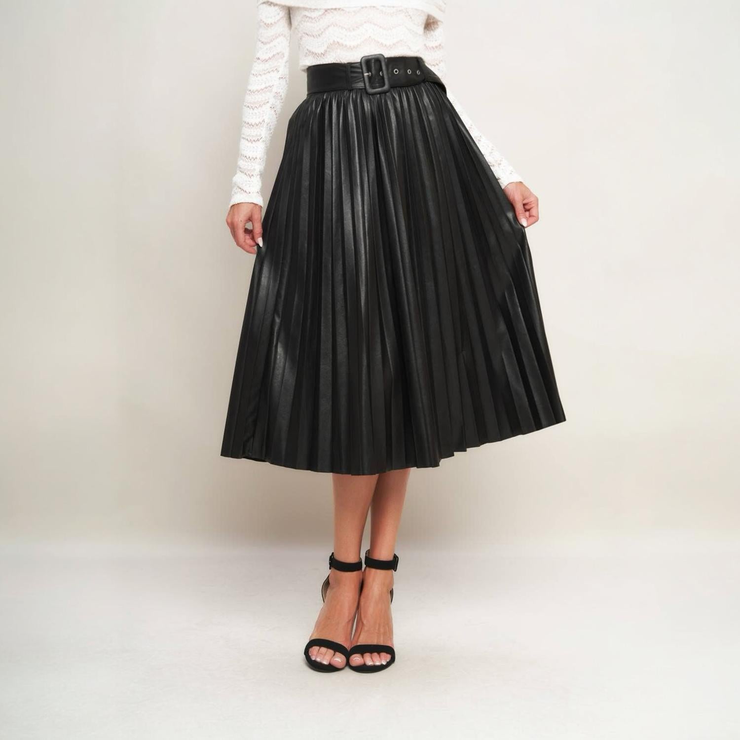 FLYING TOMATO Faux Leather Pleated Skirt in black - women's skirt