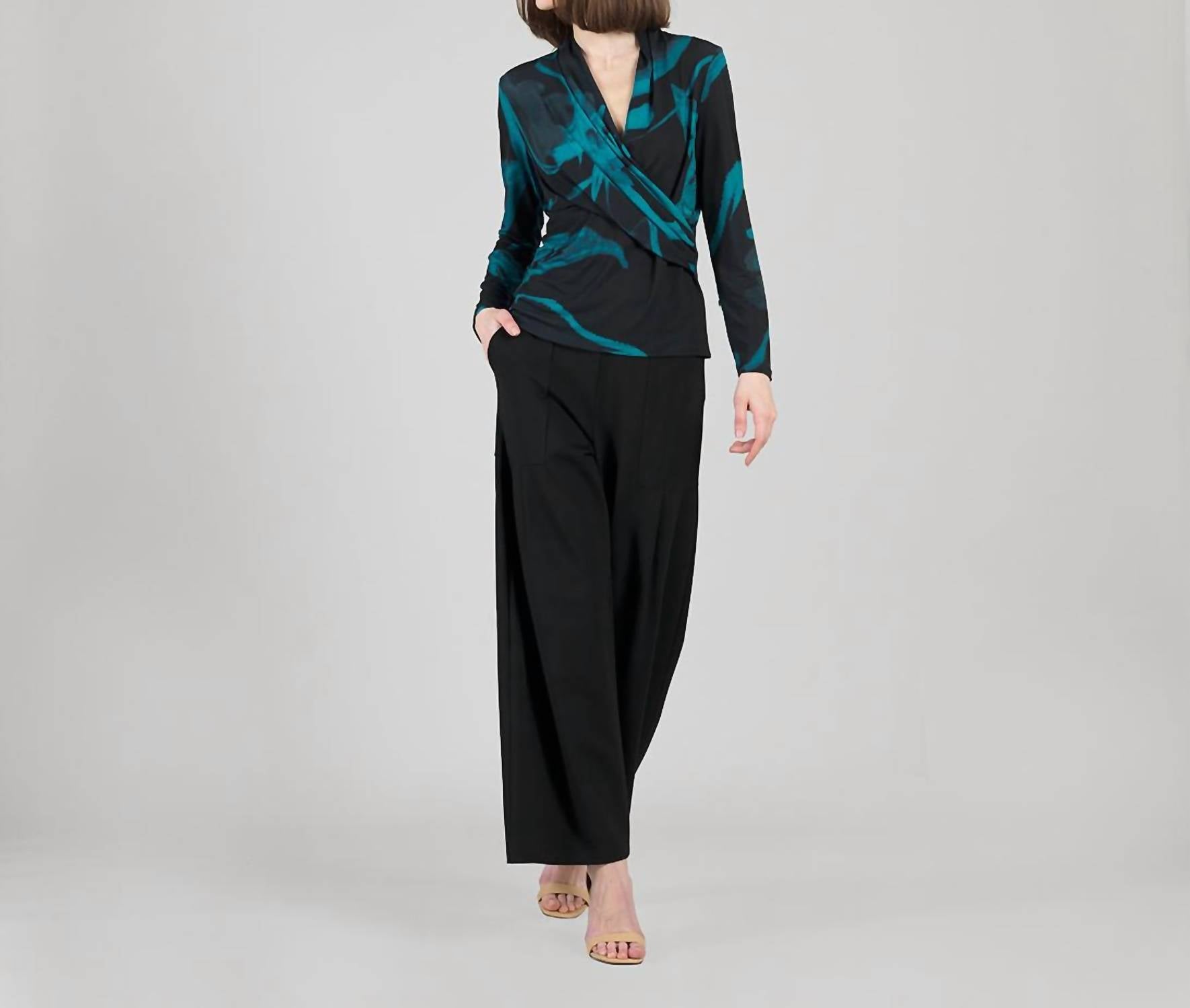 CLARA SUNWOO V-neck Draped Pleat Top in teal black - women's long sleeve top