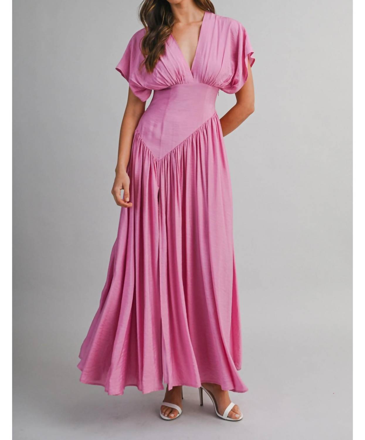Mable - Peony Plunge Asymmetrical Puff Sleeve Maxi Dress