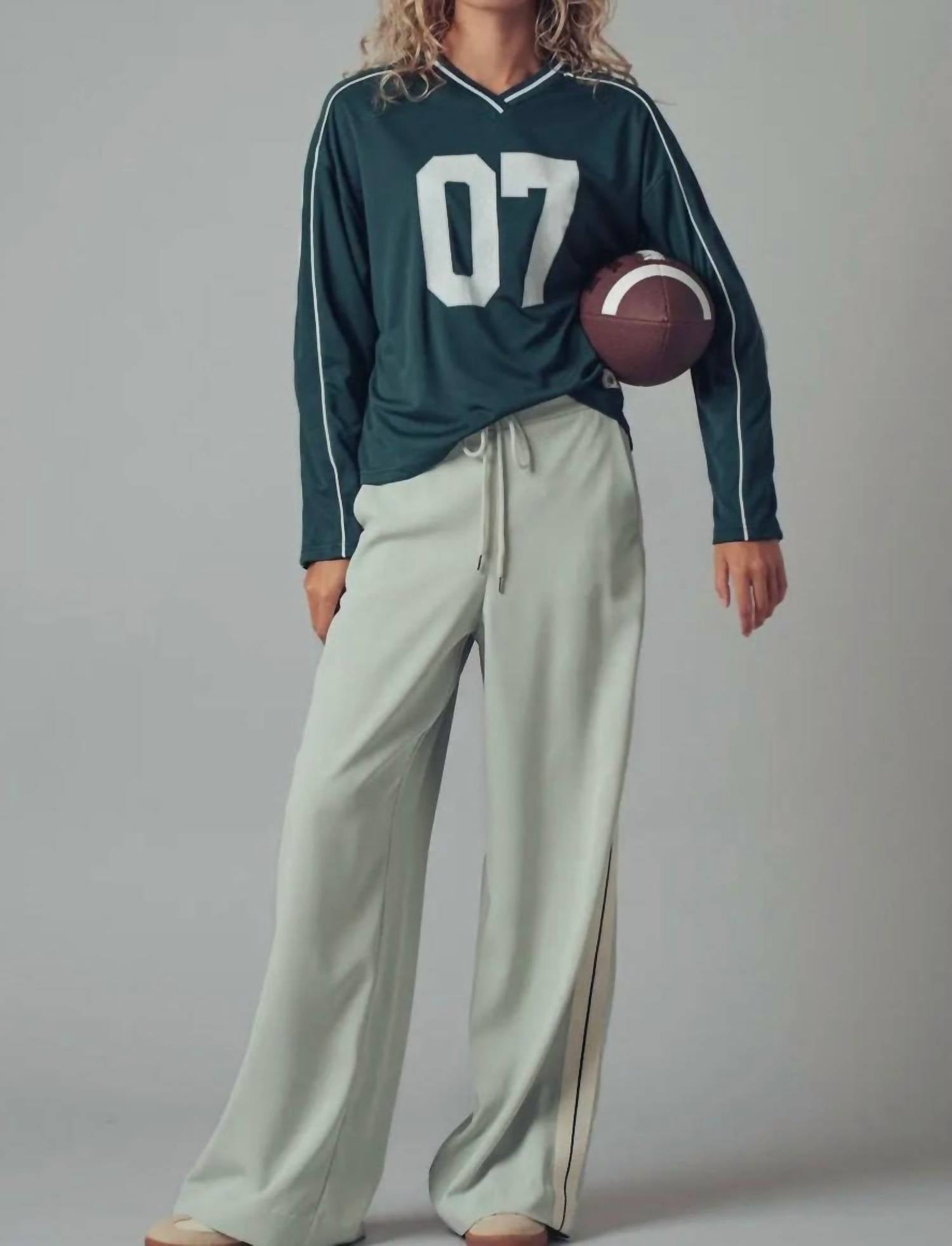 Urban Daizy Varsity 07 Graphic V-Neck Jersey Top in hunter - women's long sleeve top - view 5