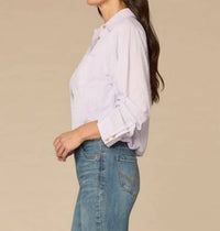 Democracy Tucked Sleeve Smocked Button Down Bubble Hem Splice Stripe Woven Shirt in frosted iris - women's shirt - detail view