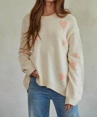 By Together - Knit Sweater Heart Print Crew Neck Pullover Top