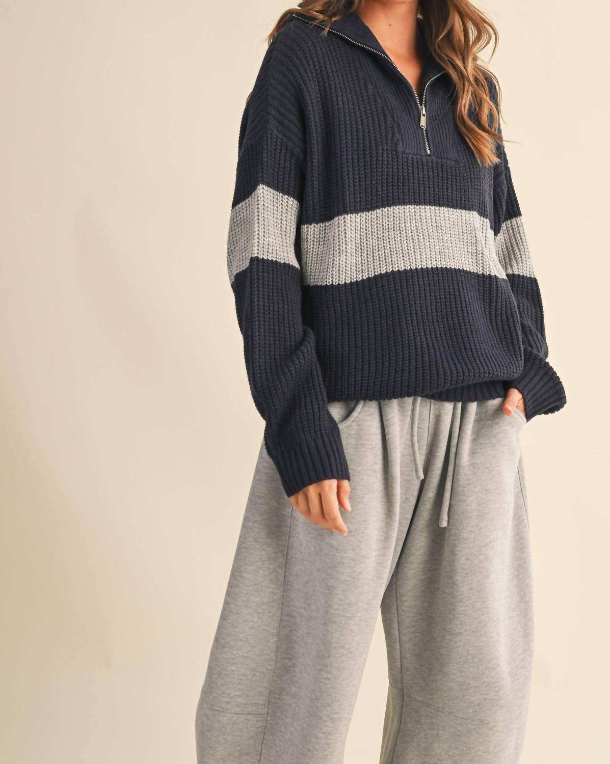 Klesis - Long Sleeve Contrast Stripe Half Zip Sweater Top