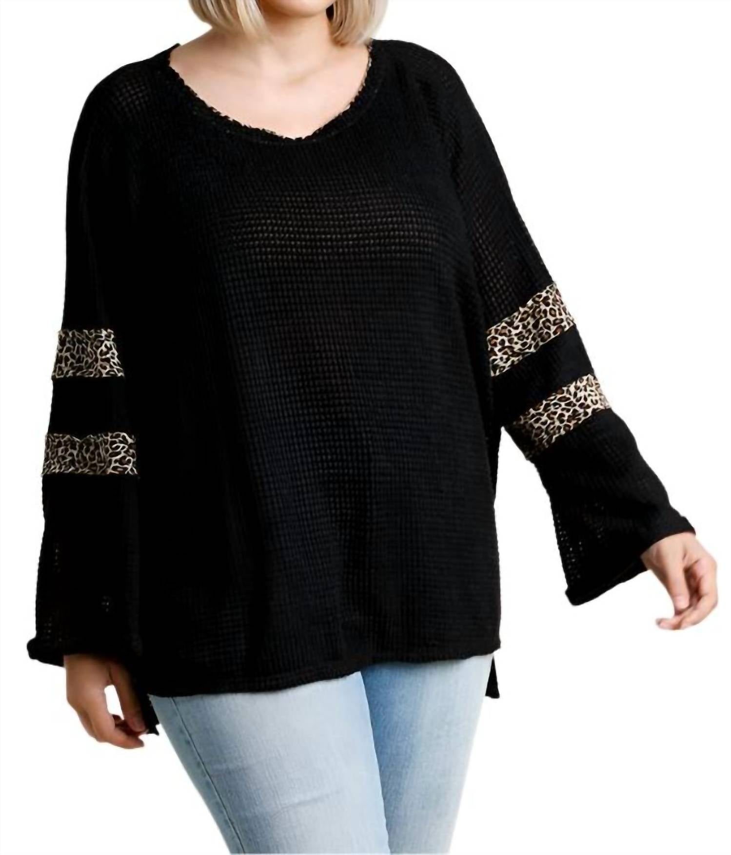 Umgee - Leopard Trim Waffle Knit Top