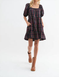 WISHLIST Holly Plaid Puff Sleeve Tiered Midi Dress in navy - women's dress