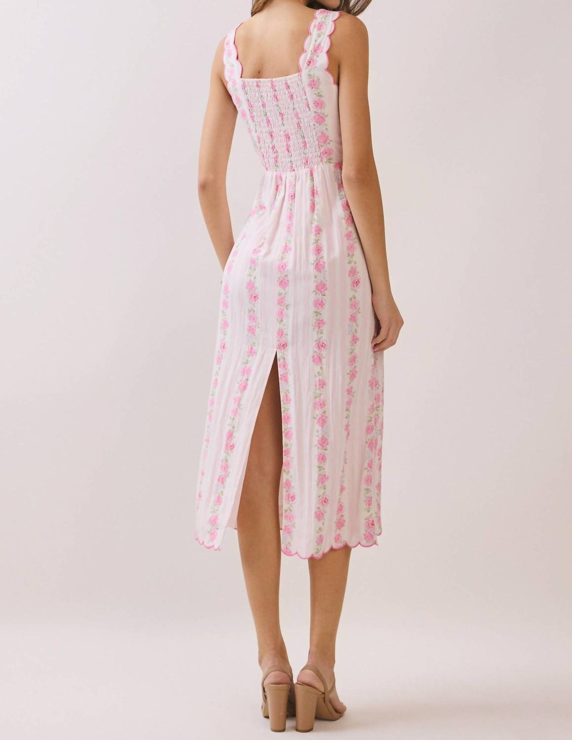 TCEC Floral Stripe Scalloped Midi Dress in pink - women's dress - alternate view