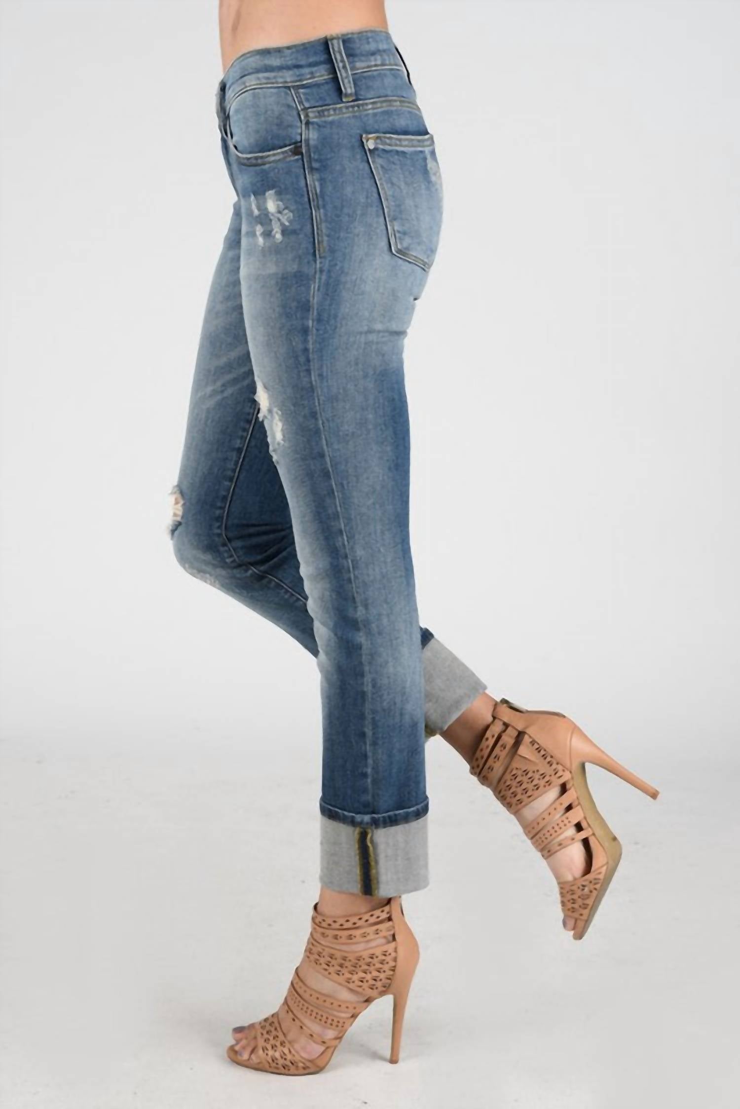Judy Blue Distressed Cuffed Straight Leg Jeans in blue - women's jeans - alternate view