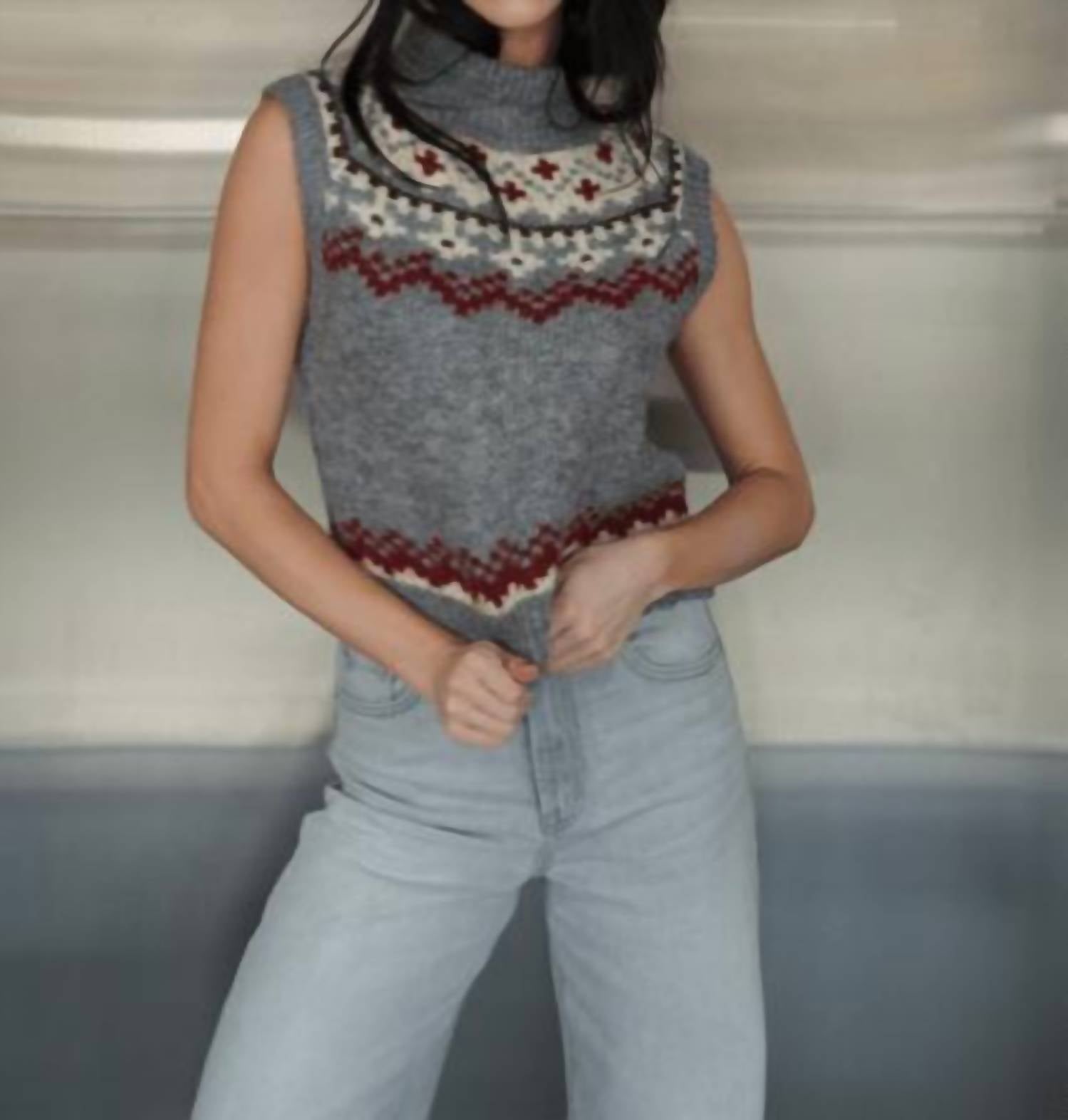 line and dot Brennan Fair Isle Knit Sweater Vest in grey - women's jacket - detail view