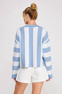 ALLIE ROSE Striped Soft Relaxed Collared Cardigan in ivory blue - women's cardigan - detail view