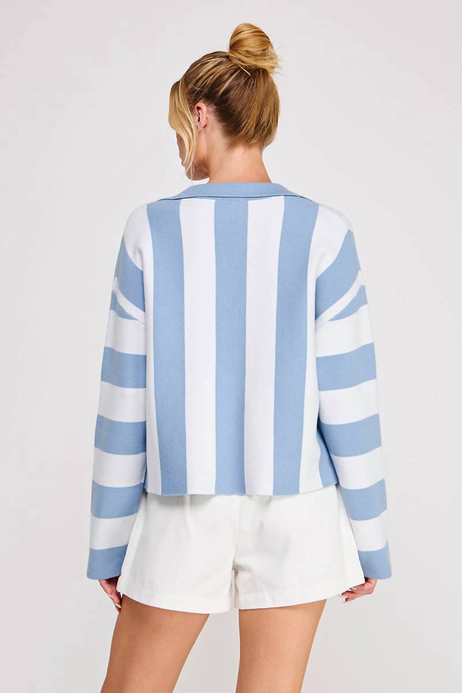 ALLIE ROSE Striped Soft Relaxed Collared Cardigan in ivory blue - women's cardigan - detail view