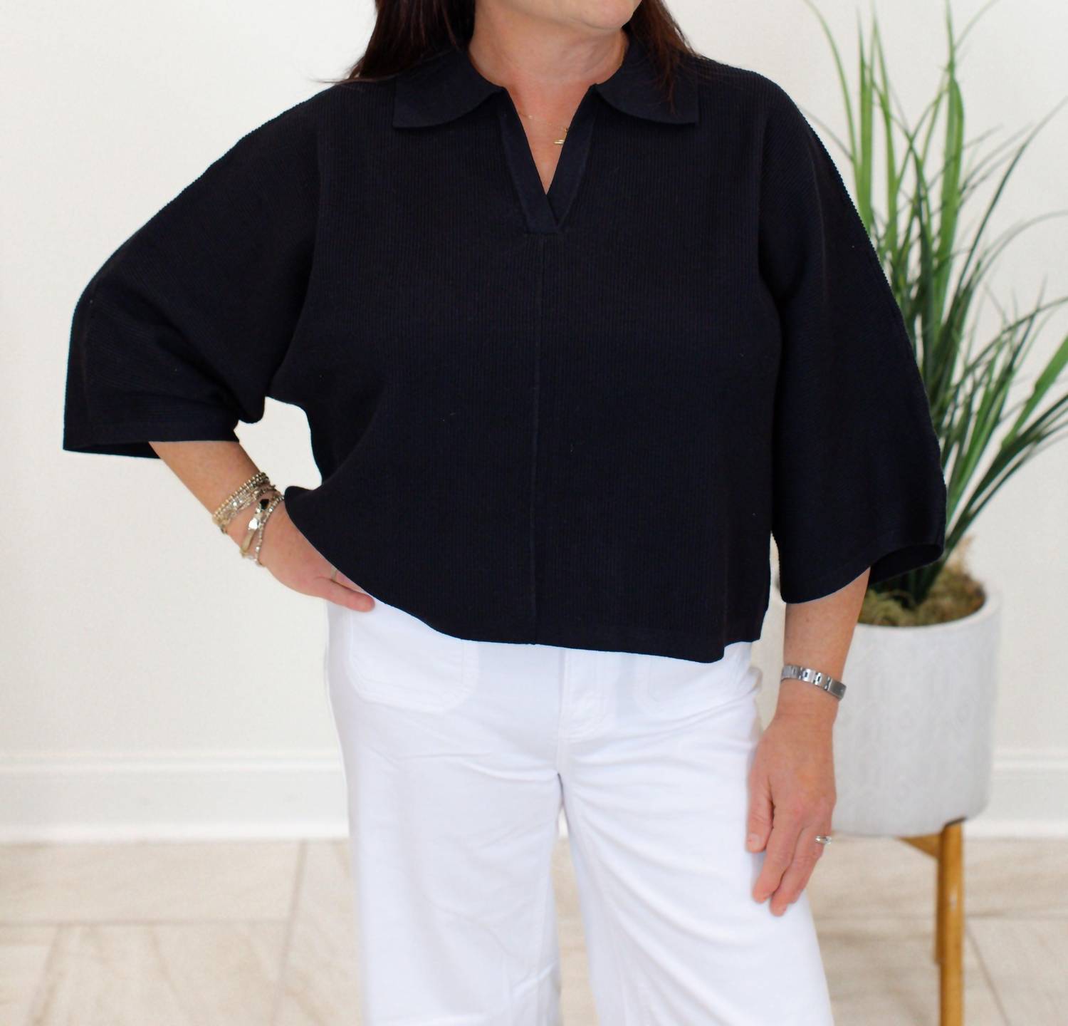 entro Solid V-neck Collared Top in black - women's blouse