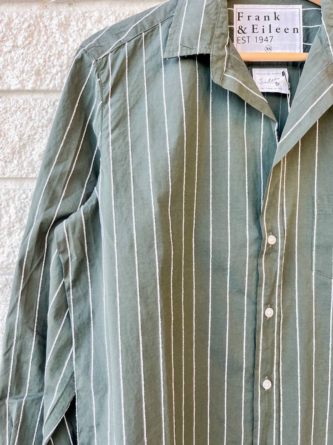 Frank & Eileen Women's Eileen Relaxed Button Up Shirt in green white textured stripe - women's shirt - view 4