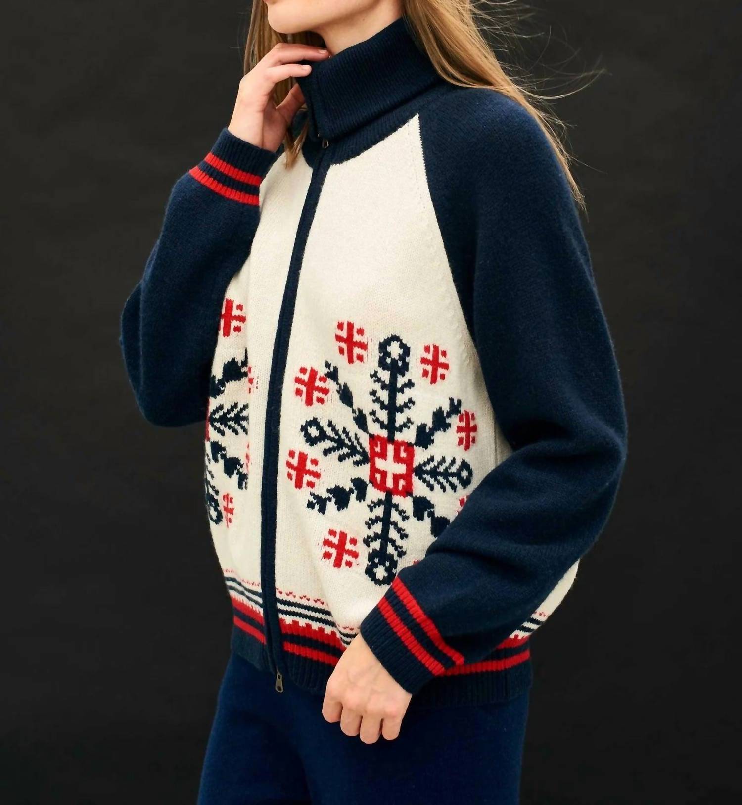 Jumper1234 Snowflake Zip Up Cardigan Sweater in navy red and cream - women's cardigan