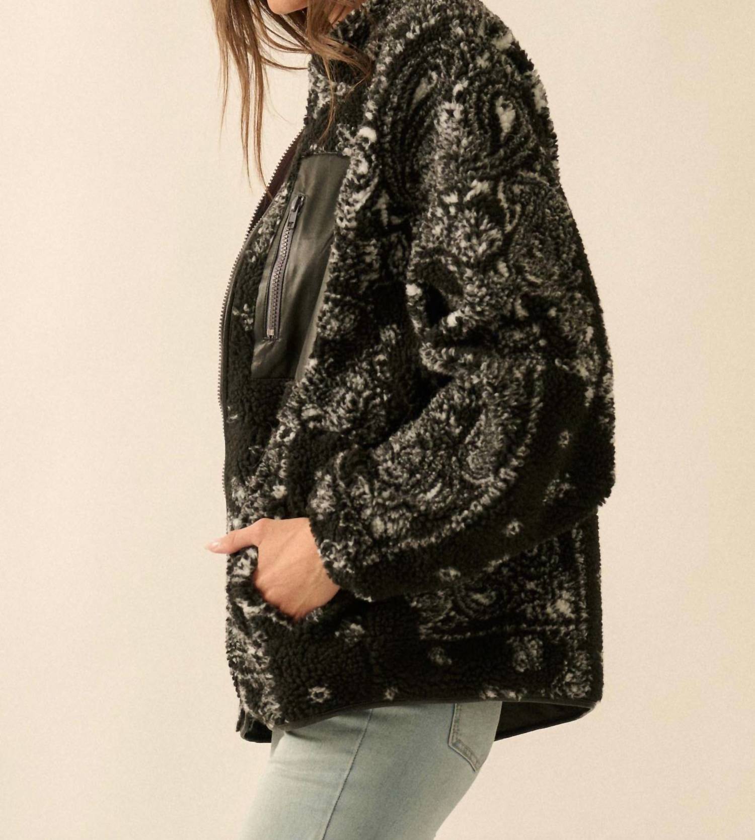 PROMESA Chasing Dreams Paisley-print Fleece Zip-up Jacket in black - women's jacket - detail view
