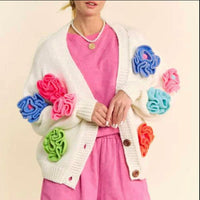 Davi & Dani - multi color 3d floral patch button down cardigan