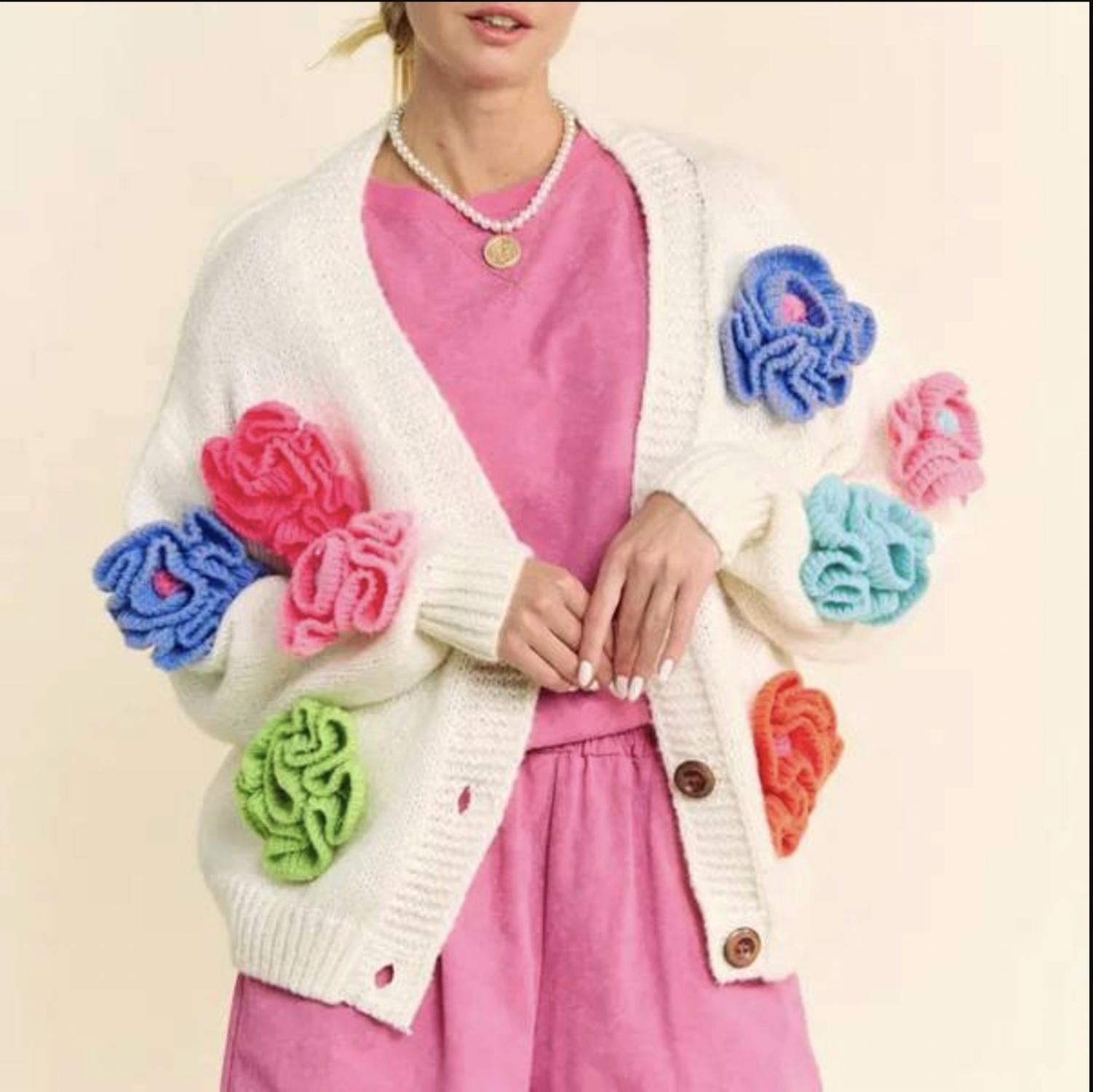 Davi & Dani - multi color 3d floral patch button down cardigan