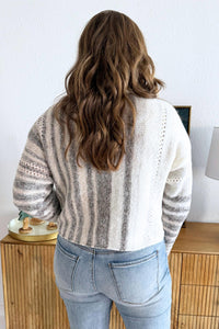 PINCH Contrast Trim Striped Sweater in ivory brown multi - women's sweater - detail view