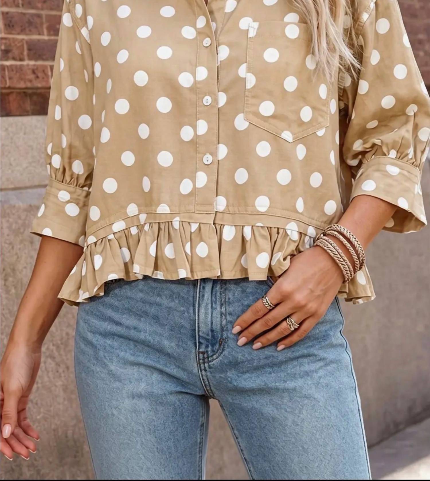 Fashionworks - Ruffled polkadot mock button-down shirt