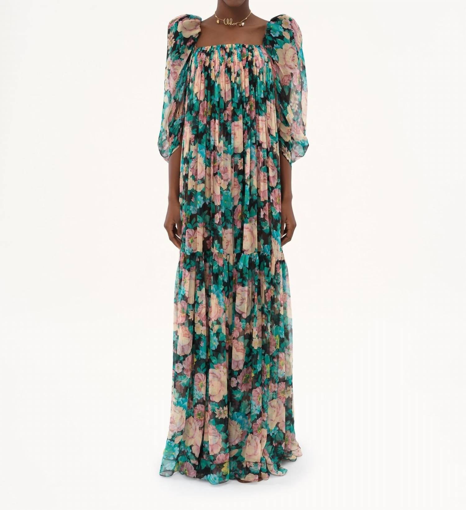 Chloe - Long Square Neck Puff Sleeves Dress