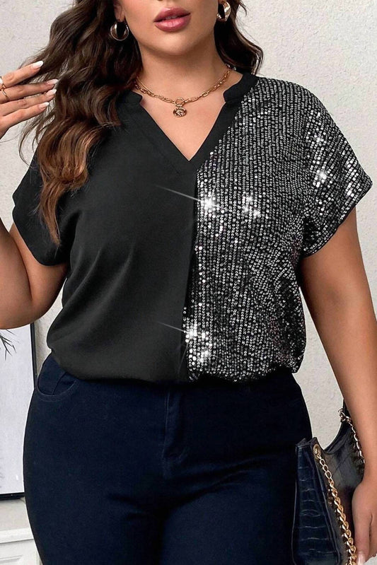 Pretty Bash - Sequin Patchwork V-Neck Plus Size