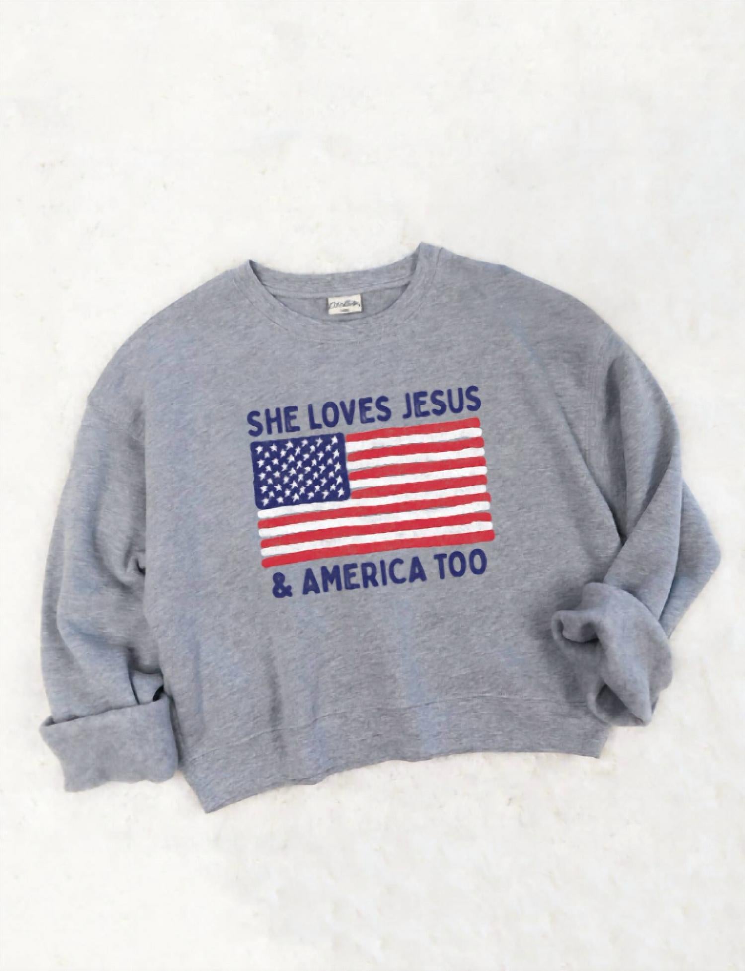 Oat Collective - She Loves Jesus And America Mid Cropped Graphic Sweatshirt