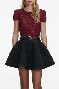 Self-Portrait - Lace Crystal Trim Short Sleeve Top