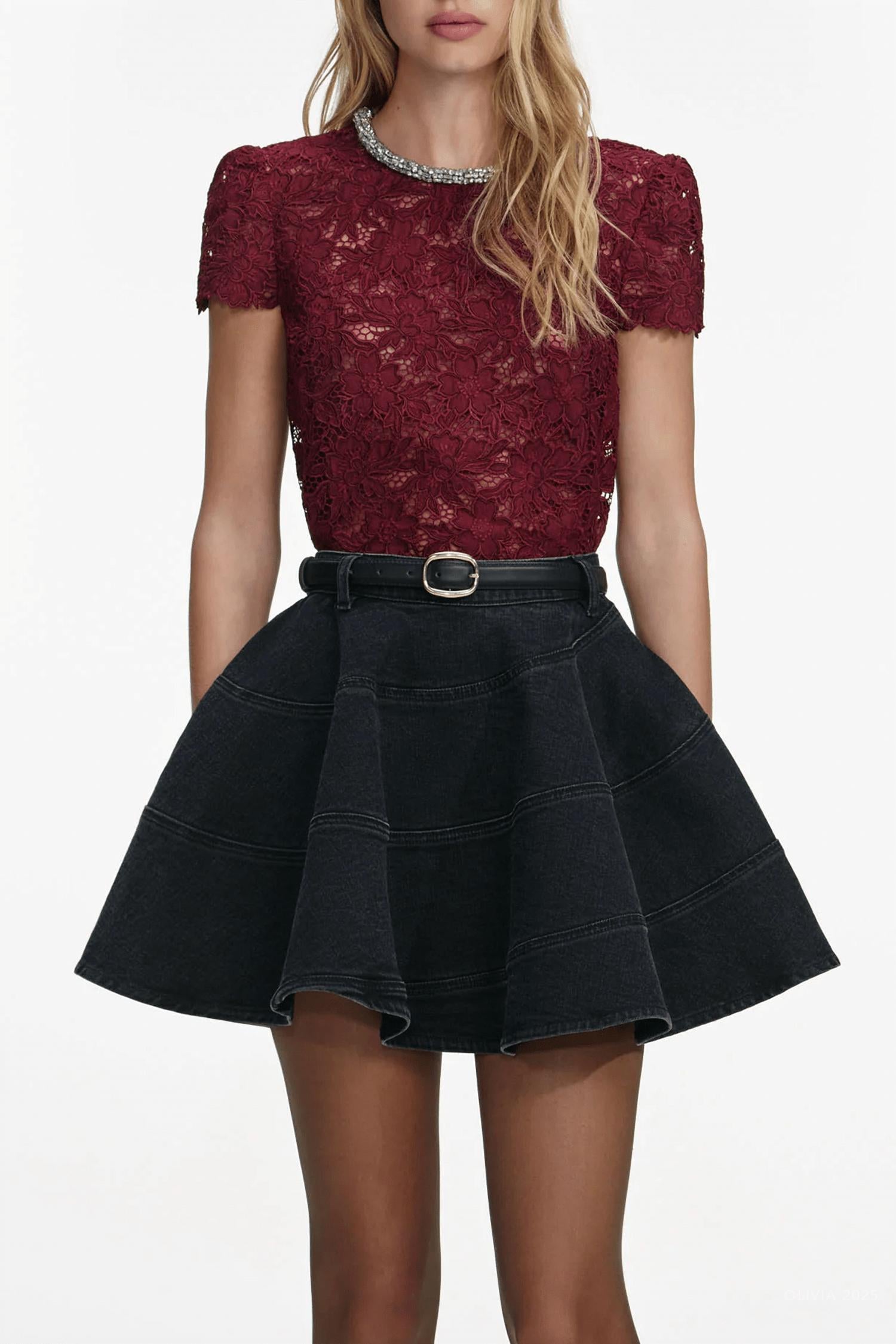 Self-Portrait - Lace Crystal Trim Short Sleeve Top