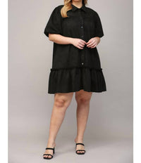 Fate - Darby Faux Suede Button Front Short Puff Sleeve Dress