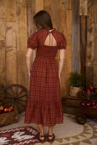 Blu Pepper - Plaid Short Puff Sleeve Smocked Midi Dress