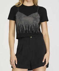 SHE + SKY Rhinestone Faux Bra Embellished T-shirt in black - women's t-shirt