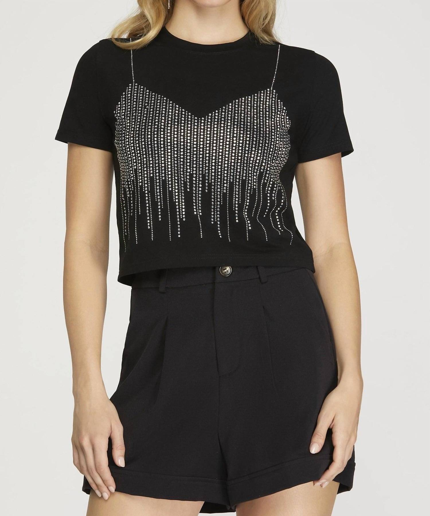 SHE + SKY Rhinestone Faux Bra Embellished T-shirt in black - women's t-shirt