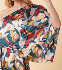 Mittoshop - Abstract Flower Print One Shoulder Maxi Dress