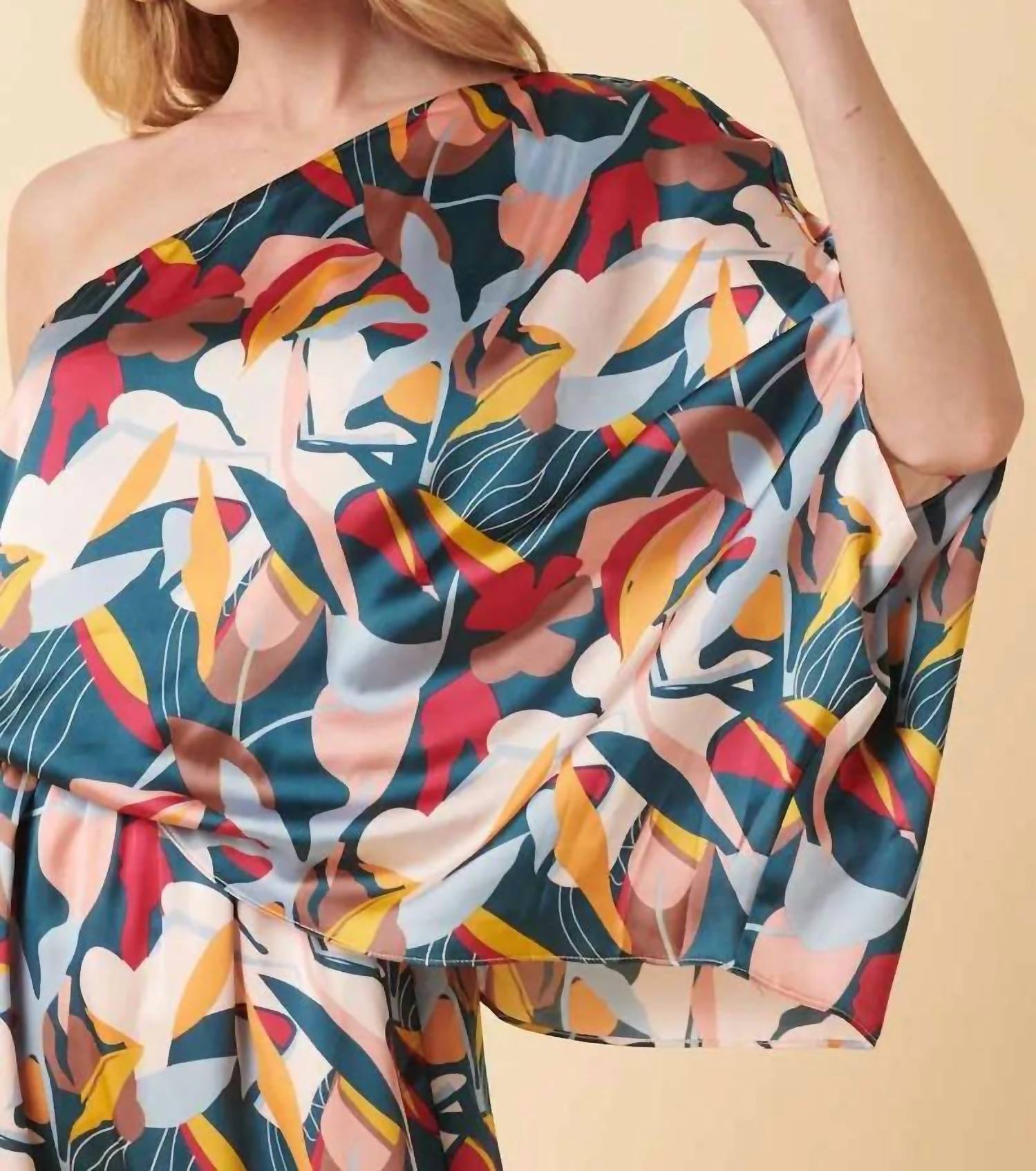 Mittoshop - Abstract Flower Print One Shoulder Maxi Dress