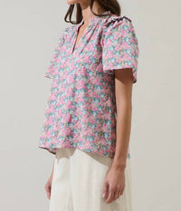 SUGARLIPS Gemalee Eyelet Mei Split Neck Top in pink green - women's blouse - alternate view