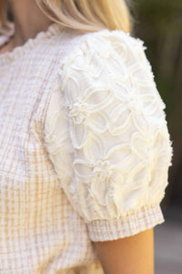 Voy - Floral Lace Sleeve Plaid Textured Tweed Top