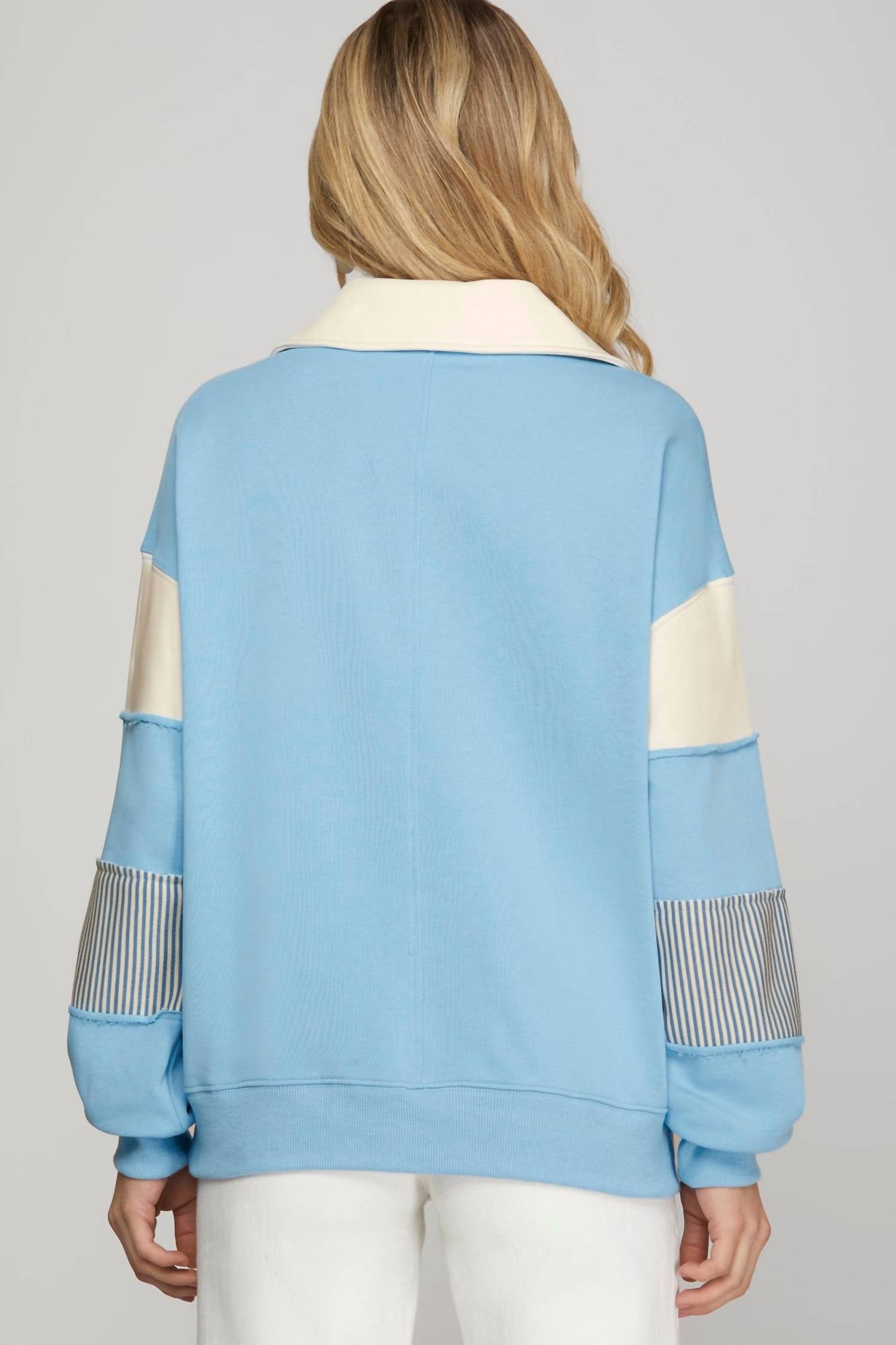 SHE + SKY Color Block French Terry Sweatshirt Top in blue - women's top - detail view