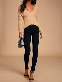 SAGE THE LABEL Marah Eyelash Knit Cross Front Sweater in tan - women's sweater - alternate view