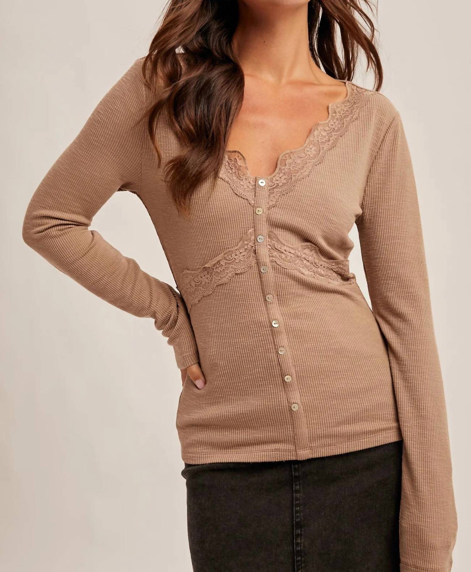 Hem & Thread - Lace Trim Long Sleeve Top