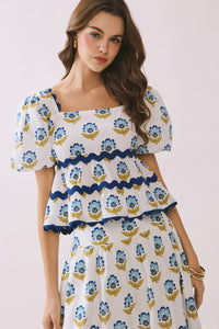 Tcec - Lily Floral Print Layered Ruffle Ric Rac Top