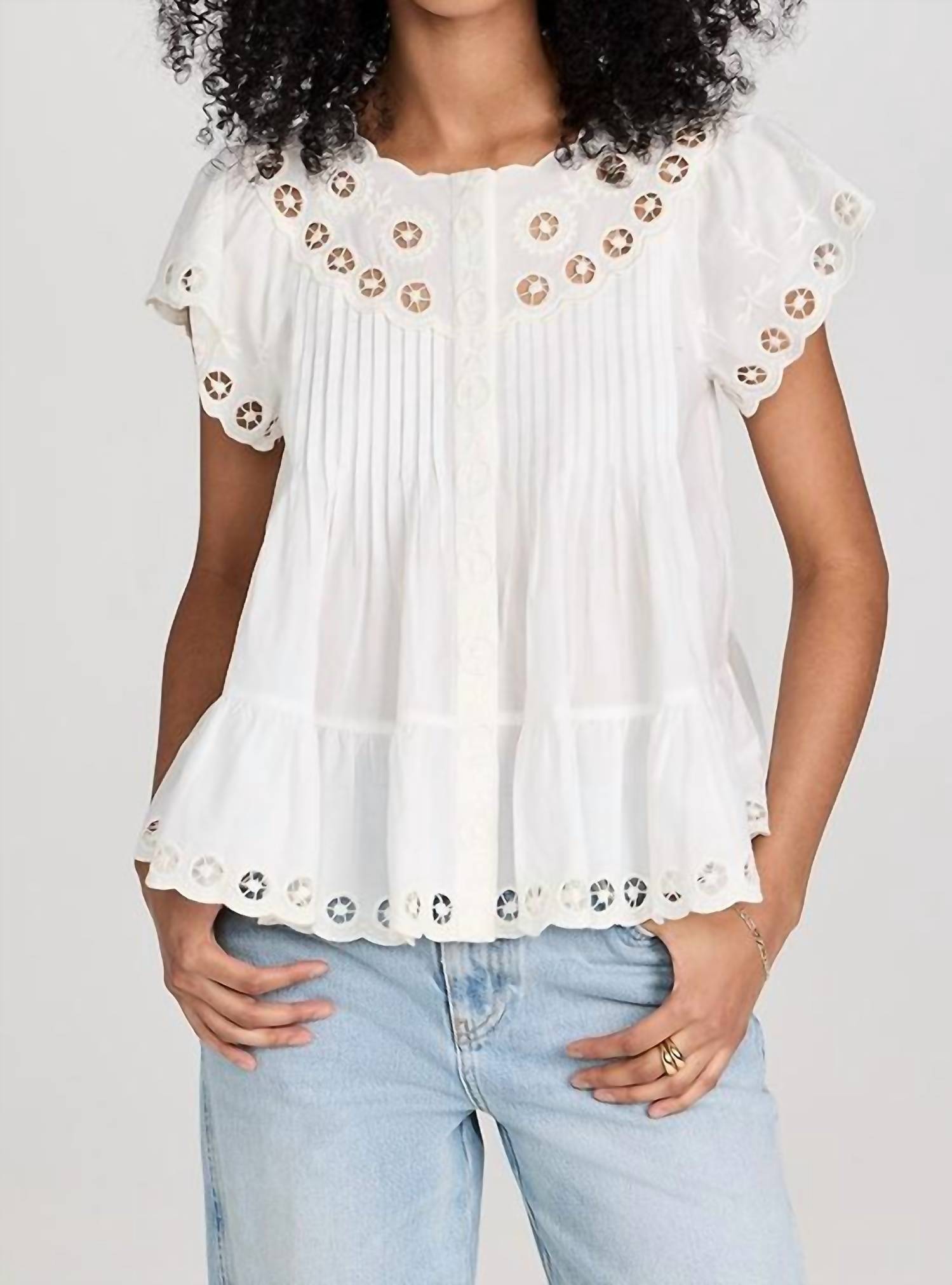 SEA Arabella Embroidery Flutter Sleeve Tank Top in cream - women's tank top
