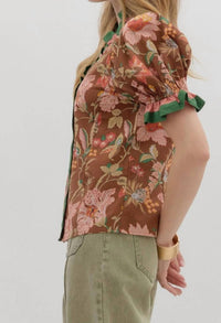 Entro - Floral Print Shoulder Puff Sleeve Top