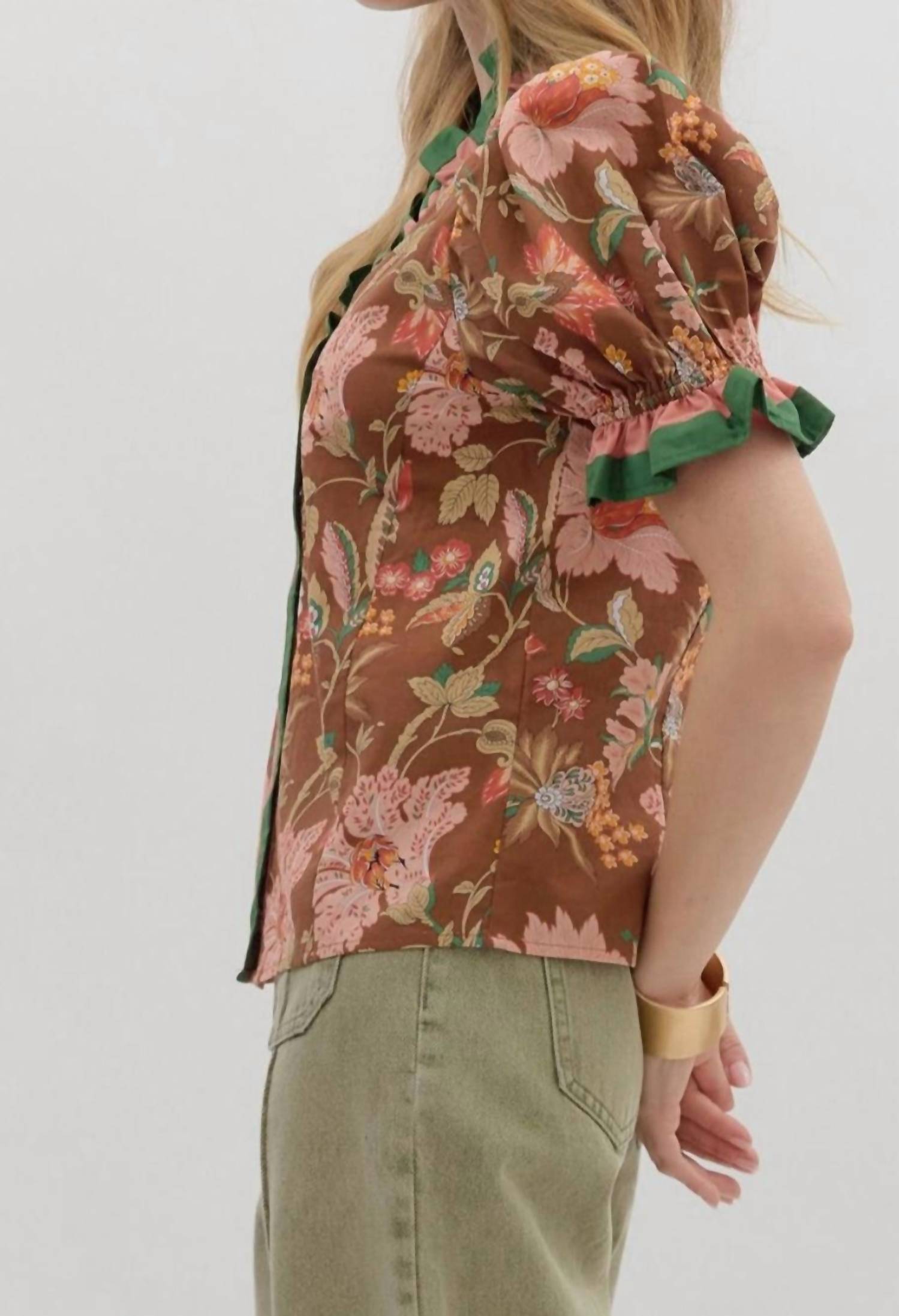 Entro - Floral Print Shoulder Puff Sleeve Top
