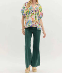 Entro - Floral Smocked Collar Bubble Sleeve Top