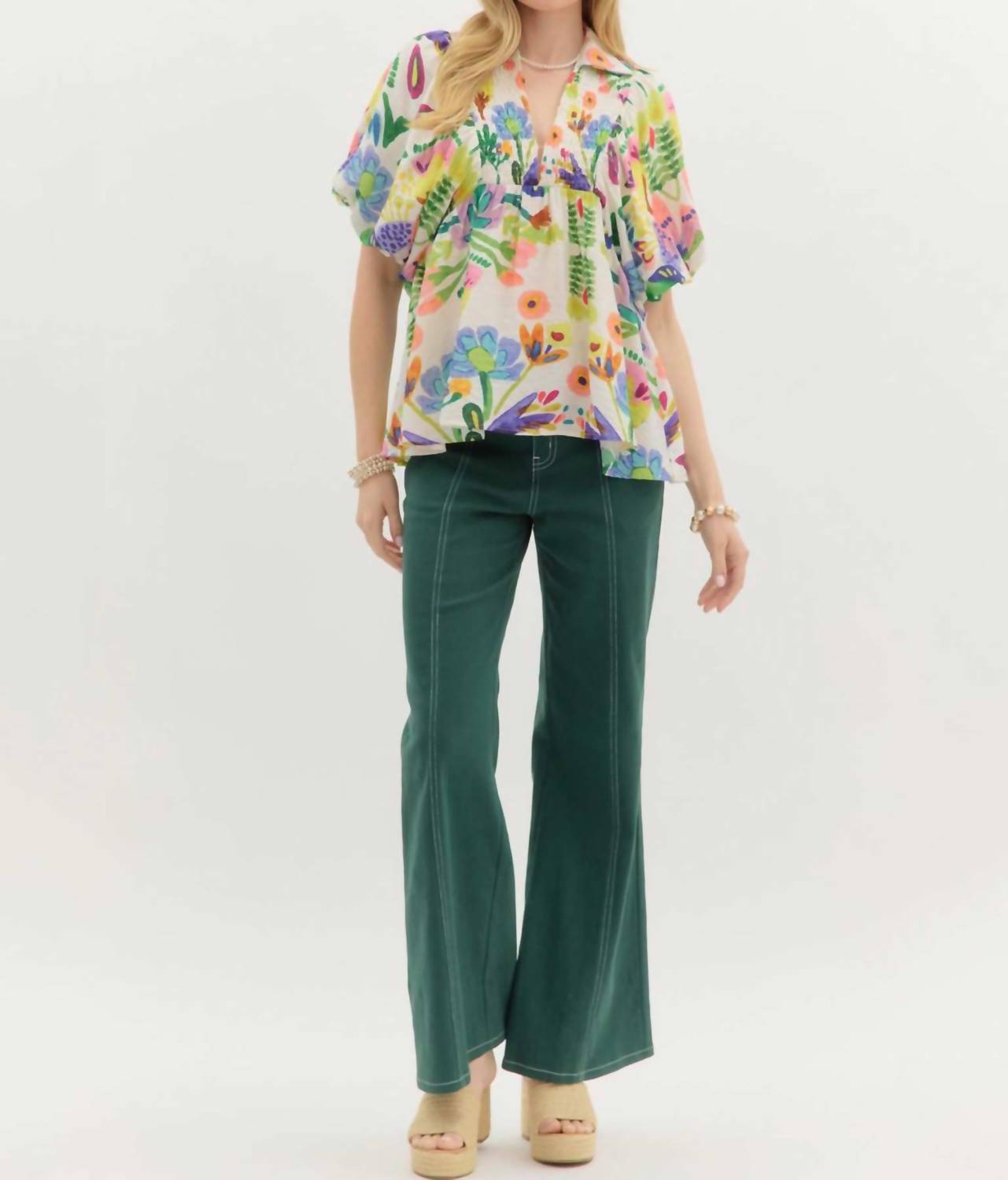 Entro - Floral Smocked Collar Bubble Sleeve Top