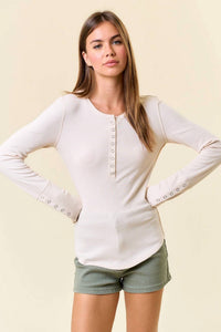 Doe And Rae - Soft Rib Exposed Seaming Long Sleeve Henley Top