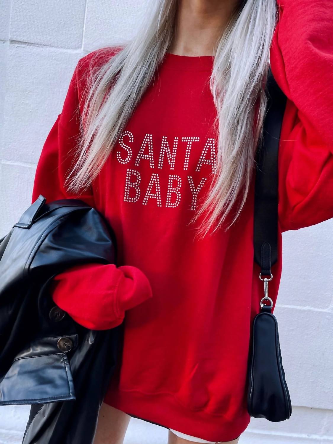 Distressed Vintage Couture Santa Baby Sweatshirt in red rhinestone - women's top