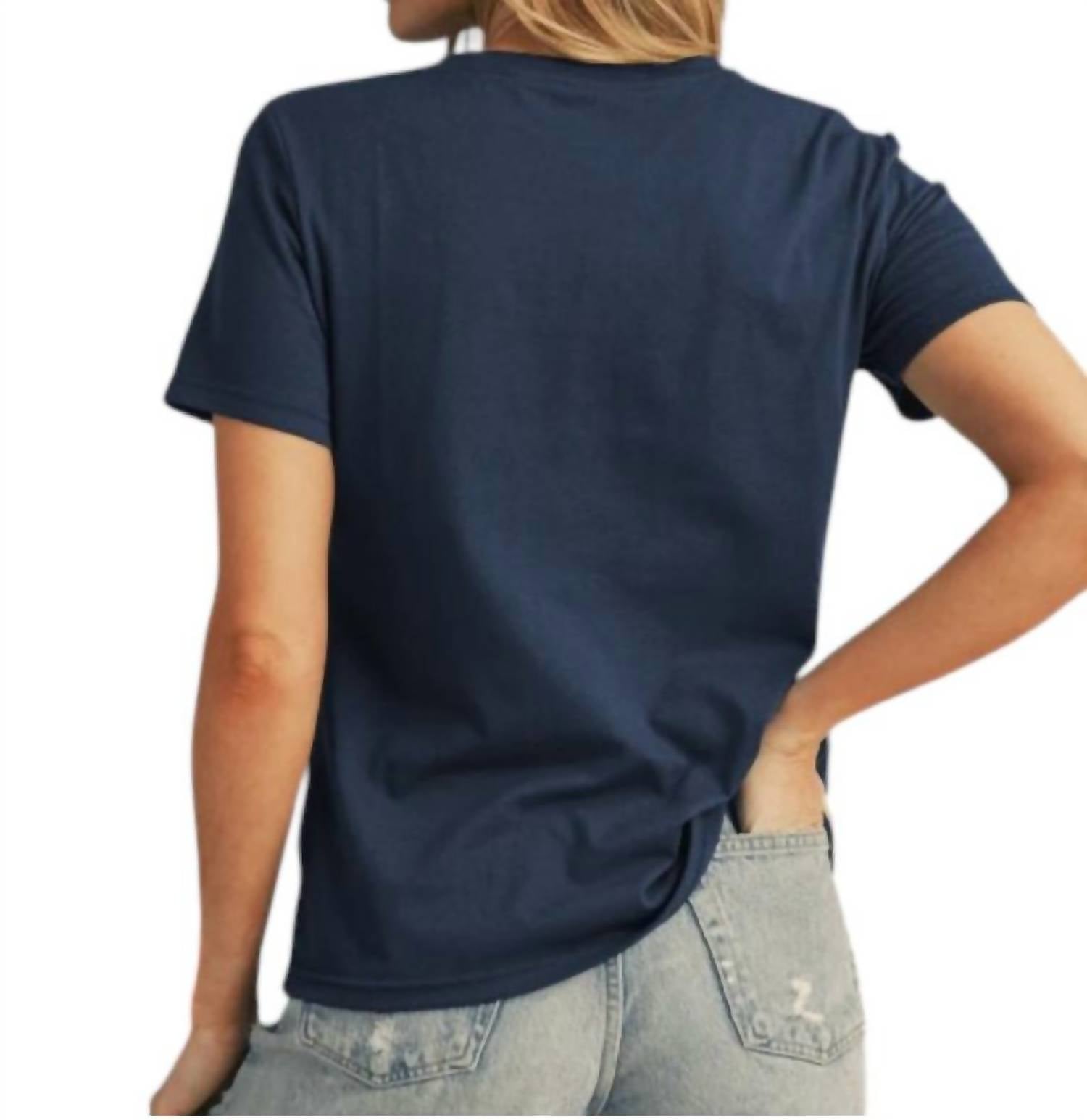Shewin Round Neck Detailed Top in navy - women's t-shirt - detail view