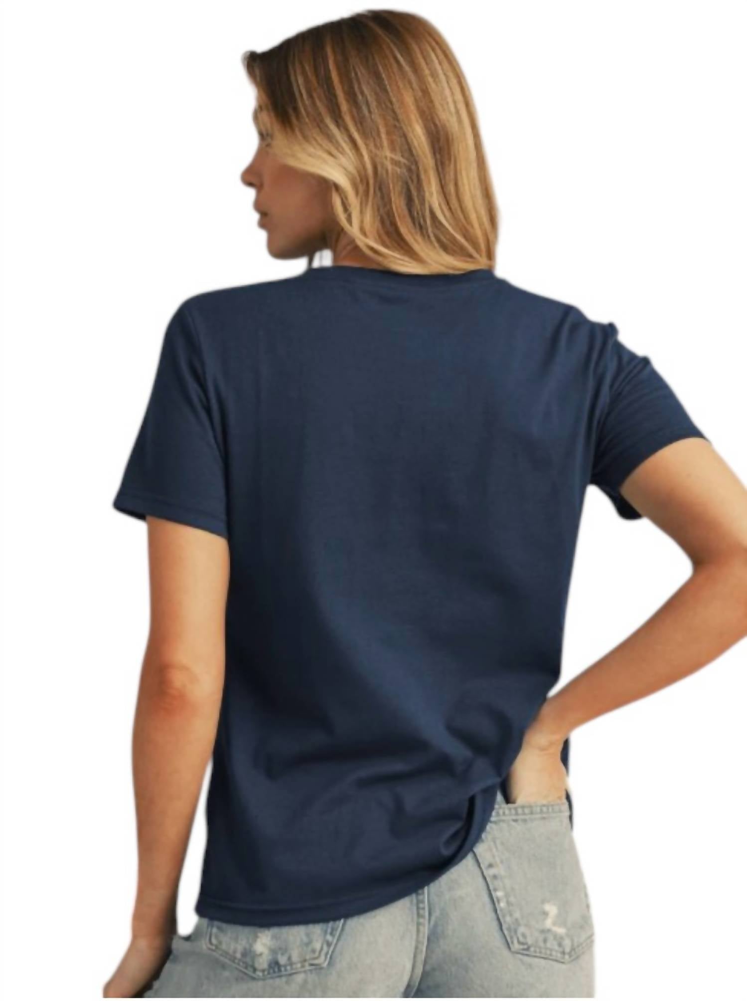 Shewin Round Neck Detailed Top in navy - women's t-shirt - alternate view