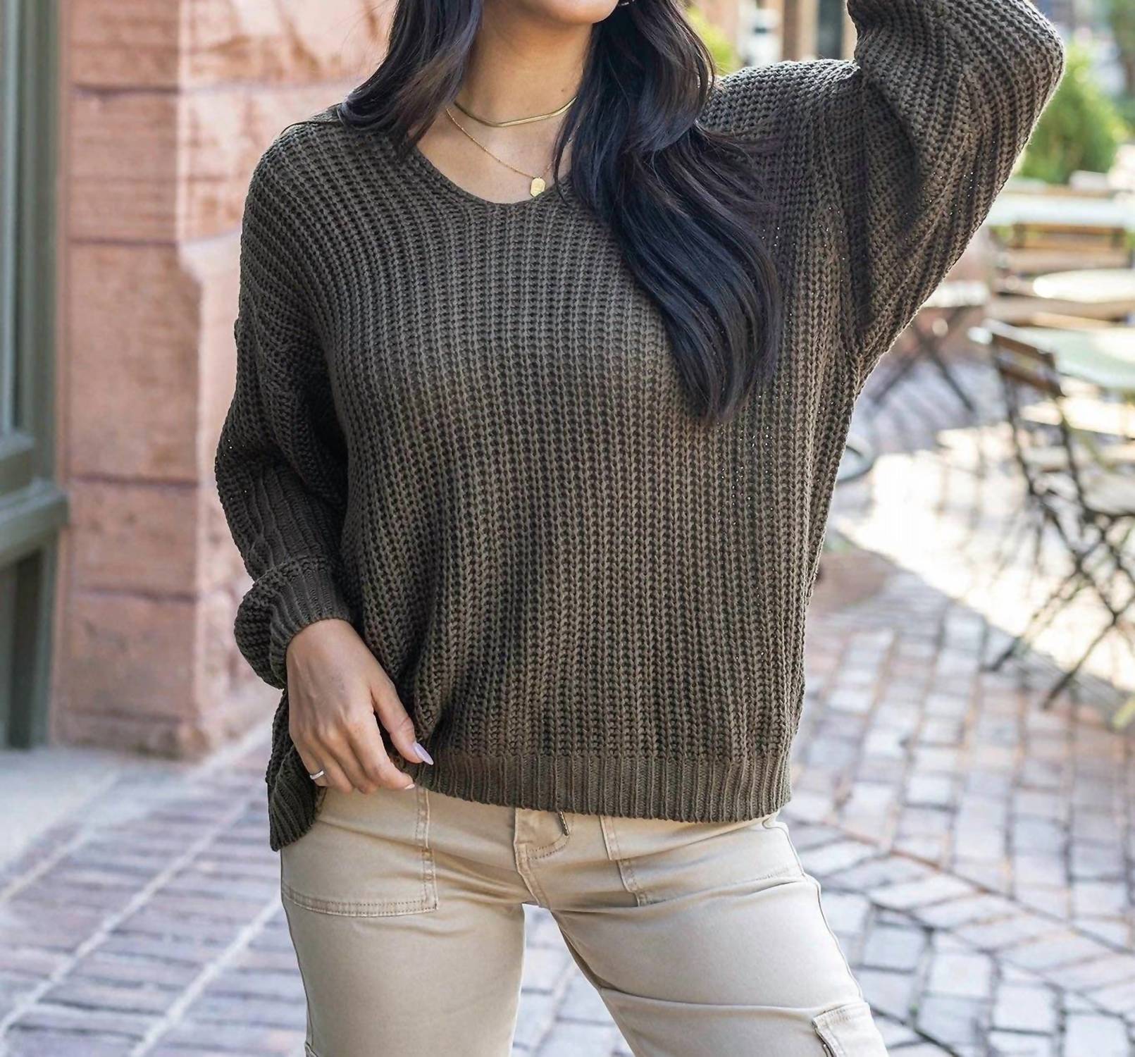 Grace and Lace Boyfriend Slouchy Knit Sweater in olive - women's sweater - view 4