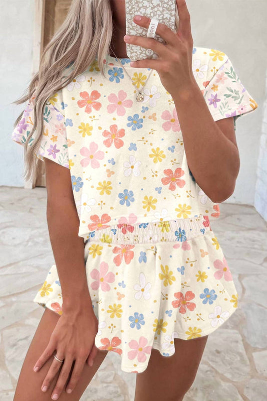 Lovesoft - Floral Print Crop Top Wide Leg Short Set